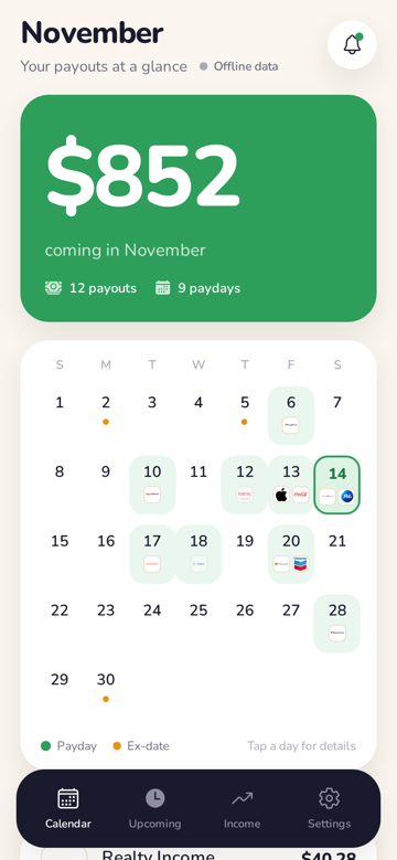 DivCal dividend calendar showing upcoming paydays